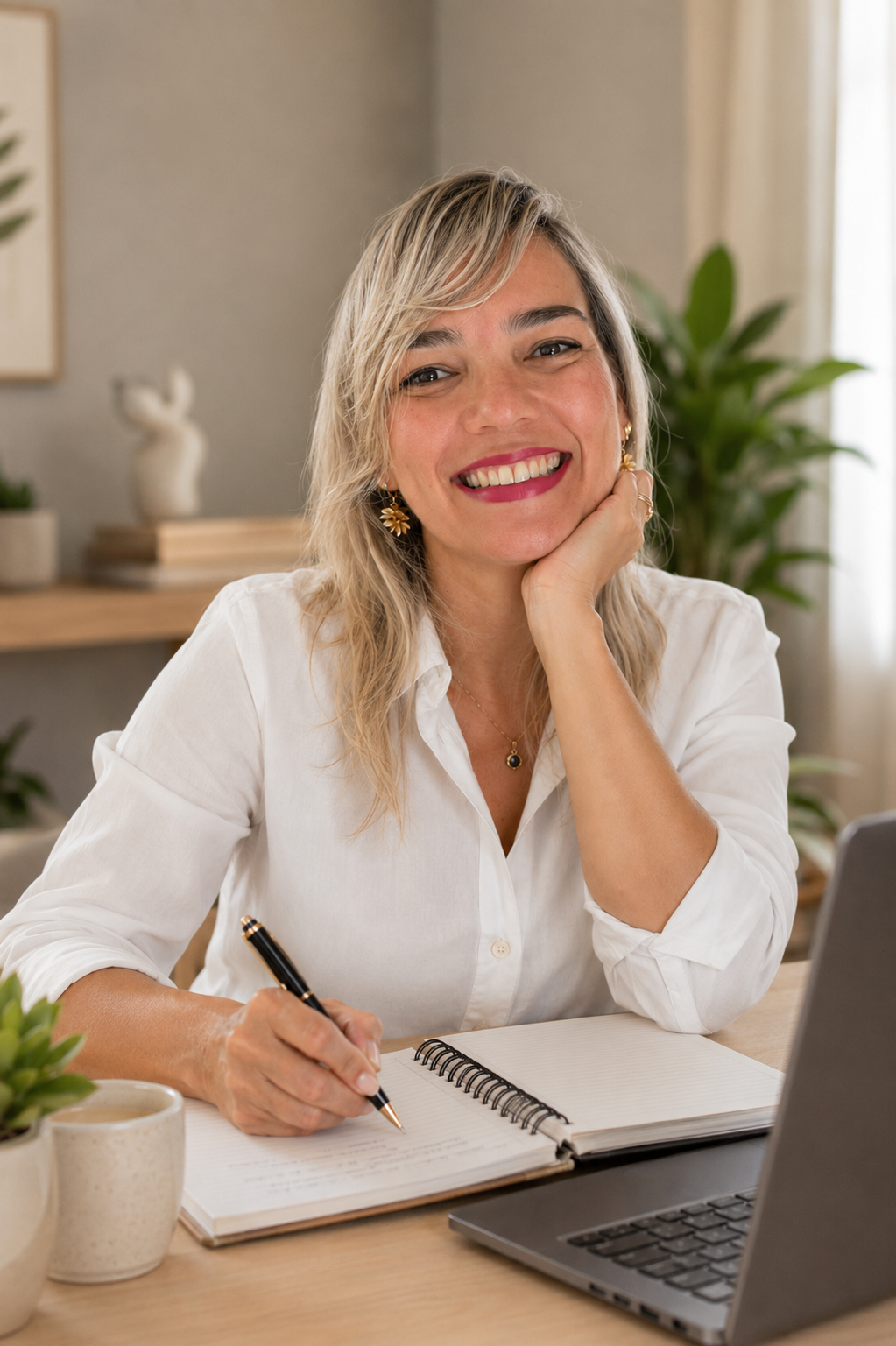 Karla Andréa Souza, psicóloga, sentada escrevendo em um caderno